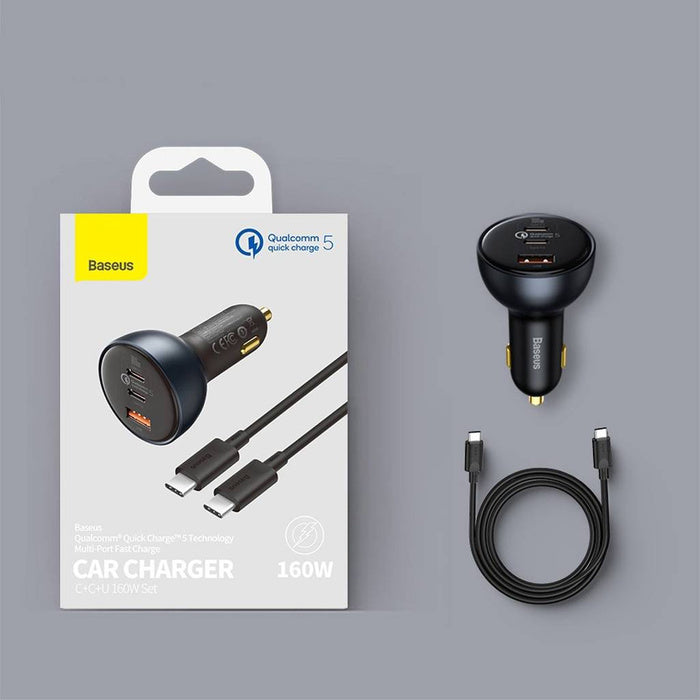 Baseus Qualcomm® Quick Charge™ 5 Technology Multi-Port Fast Charge Car Charger C+C+U 160W set Gray（with Baseus Xiaobai series fast charging Cable Type-C to Type-C 100W (20V/5A) 1m Black）
