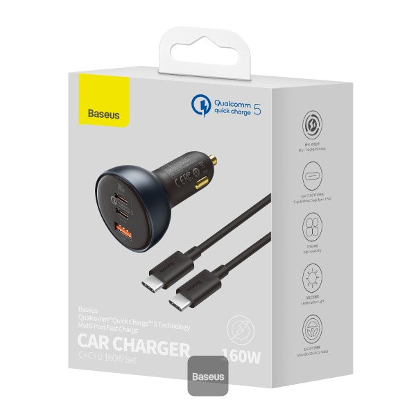 Baseus Qualcomm® Quick Charge™ 5 Technology Multi-Port Fast Charge Car Charger C+C+U 160W set Gray（with Baseus Xiaobai series fast charging Cable Type-C to Type-C 100W (20V/5A) 1m Black）