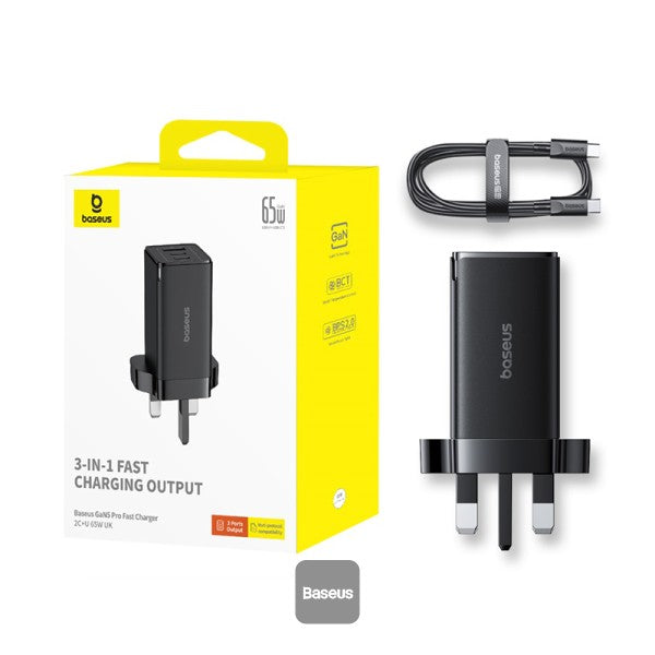 OS-Baseus GaN5 Pro Fast Charger 2C+U 65W UK(Include：Baseus Xiaobai series fast charging Cable Type-C to Type-C 100W(20V/5A) 1m）