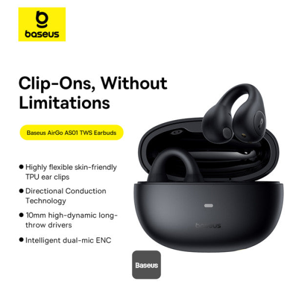 Baseus AirGo AS01 Clip On Open-Ear Bluetooth Wireless Earbuds With Dual ENC Mics Ultra-Lightweight Earphone