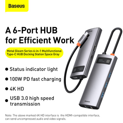 Baseus Metal Gleam Series 6-in-1 Multifunctional Type-C HUB Docking Station Gray（Type-C to HDMI*1+USB3.0*3+PD*1+RJ45*1)
