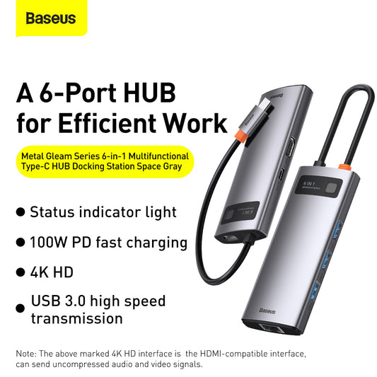 Baseus Metal Gleam Series 6-in-1 Multifunctional Type-C HUB Docking Station Gray（Type-C to HDMI*1+USB3.0*3+PD*1+RJ45*1)